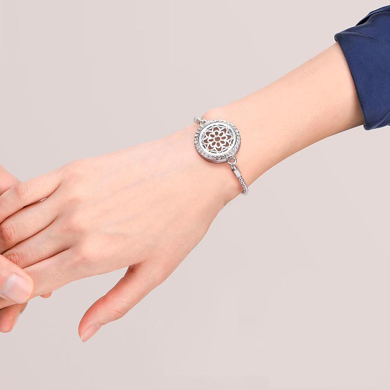 Crystal Rhinestone Aromatherapy Tree of Life Bracelet - Adjustable Titanium Steel with Essential Oil Compartment.