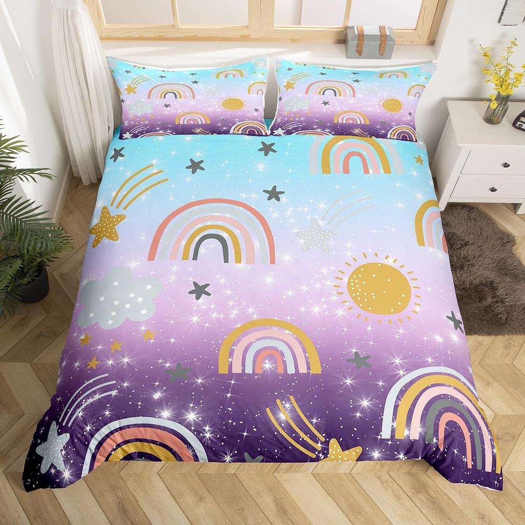 Rainbow Duvet Cover for Kids Girl Sweet Bedroom DecorQueen Tie Dye Pastel Comforter Cover Sparkle Galaxy Starry Sky Bedding Set