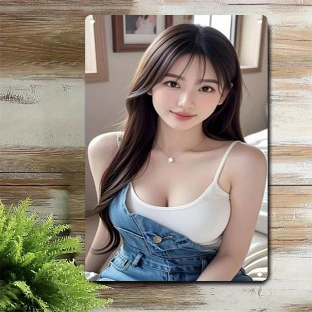Metal Wall Art Woman Face Poster Korean Asian Beauty Durable Iron Sign for Home Bar Cafe Christmas Gift