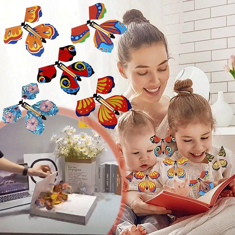 5 Stück fliegen im Buch, Feen-Gummiband, angetrieben zum Aufziehen, tolle Überraschung, Geburtstag, Hochzeit, Geschenk, Schmetterlingskarte, magisches Spielzeug