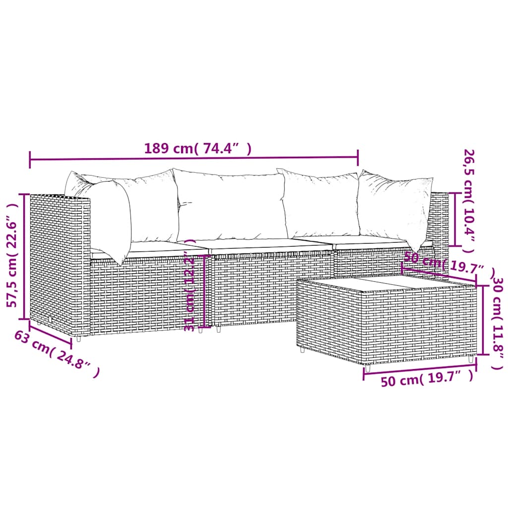 4 Piece Garden Lounge Set with Cushions Grey Poly Rattan