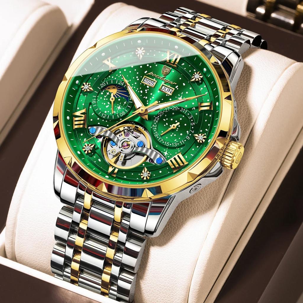 Luxury Rhinestone Hollow Tourbillon Automatic Mechanical Watch, Stainless Steel Band Date Business Men Wristwatch