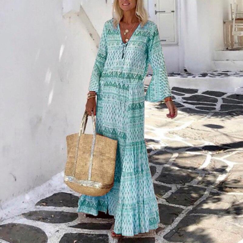 Dámské Vintage Geometrický potisk Dlouhé společenské šaty Dáma Elegantní Letní Plážové šaty s rukávem Boho Společenské šaty s výstřihem do V