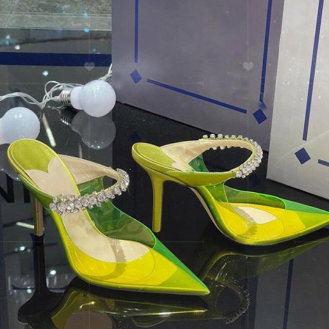 New Rhinestone Chain Sandals Summer Brand Catwalk 8 .5cm High Heels Pointed Black Sexy Thin Heels Size34 -42 Women 'S Shoes