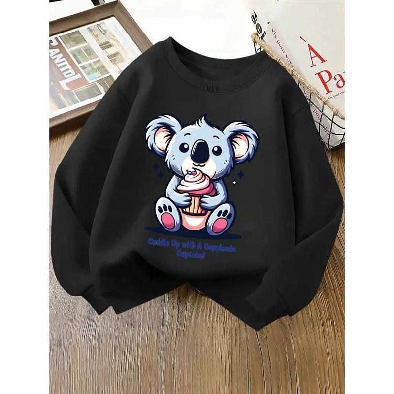 European sizes Kids' Crewneck Sweatshirt - Cute Koala Holding Cupcake with Pink , Sportswear And Casual Wear, Soft And Comfortable