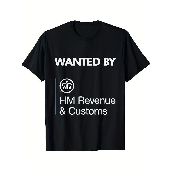 S & Women S HMRC Tax Evasion Wanted Poster T-Shirt - Funny HM Revenue & Customs Logo Meme, Oversized Unisex Fit (Go Up a Size), Casual Gift for S чёрный
