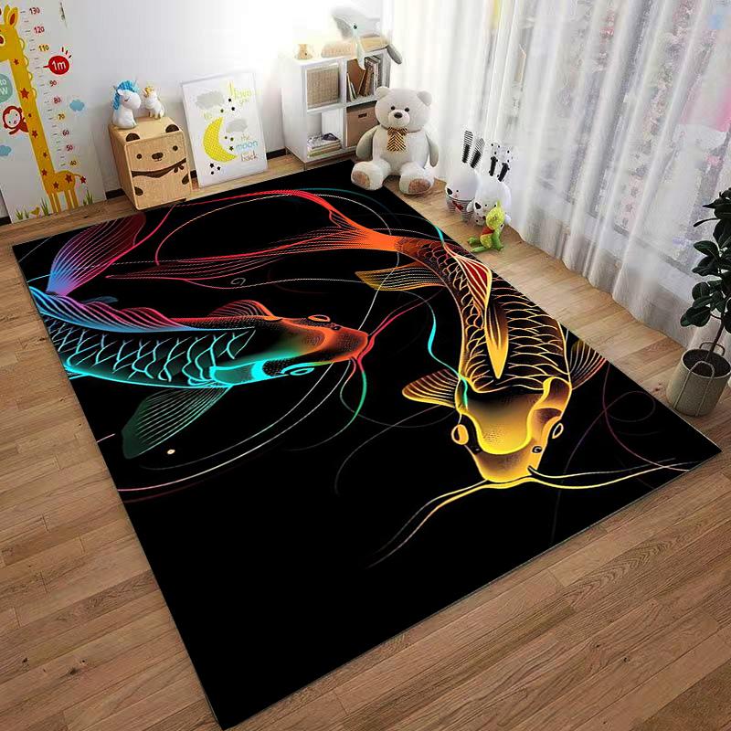 Colorful Koi Fish Pattern Carpet with Black Background, Modern Decor Suitable for use as an anti-slip for living room bedroom sofas