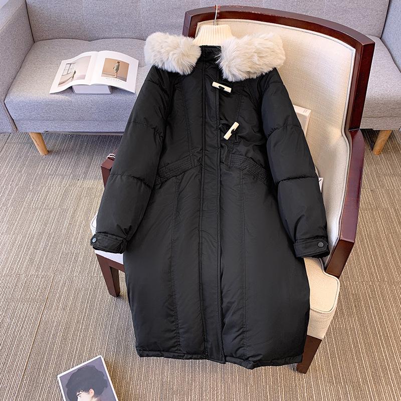 Updated Female Padded Cotton-padded Jacket Korean Version of Fur Collar Hooded Long Over-the-knee Bread Leisure Joker Coat