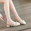 Fashion Summer New Bow Wrapped Sandals Women's Fashion Block Heel Square Toe Shallow Mouth Back Trip Band Kitten Heel Shoes