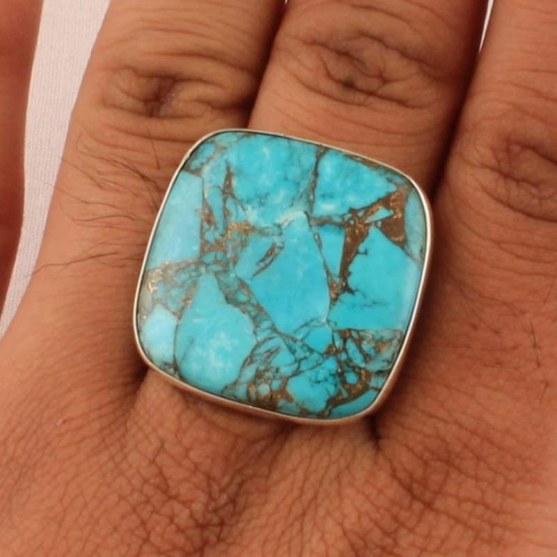 Bohemian Inlaid Imitation Turquoise Women's Ring Vintage CopperColor Geometry Daily Wear Party Jewelry Anniversary Gift