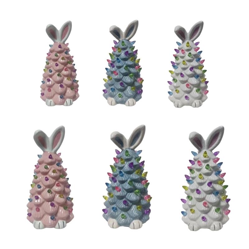 Easter Decoration White Pottery Rabbit Figurines Led Glowing Animal Ornament Rabbit Tree Crafts for Easter Party Decor