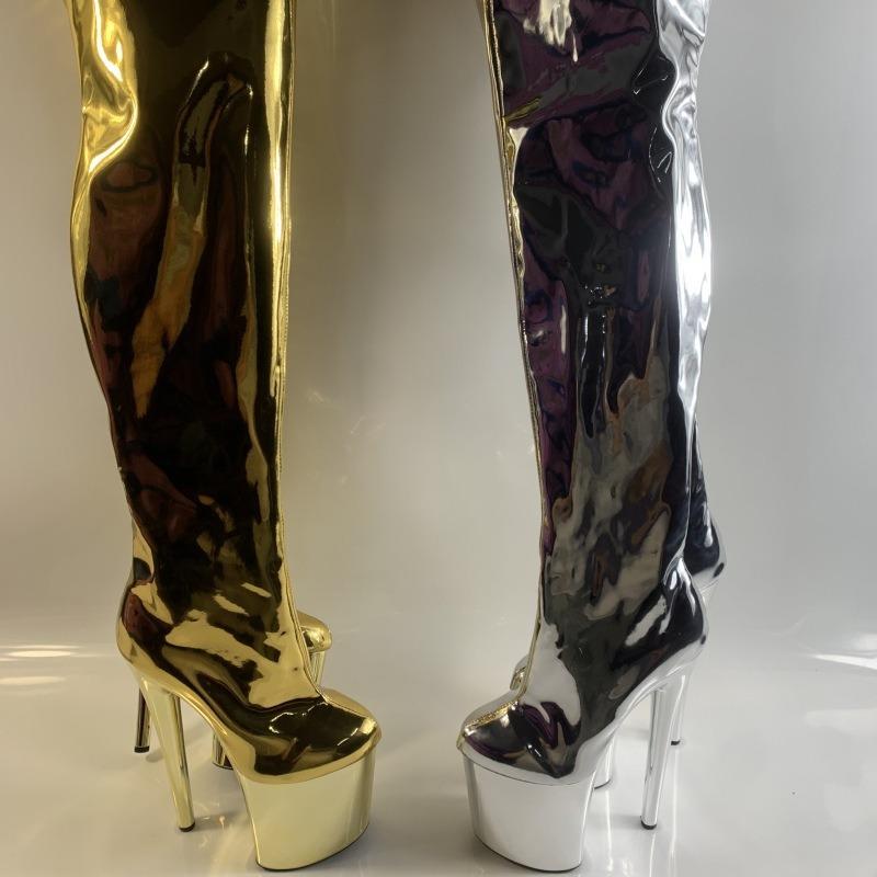 20Cm Knee Boots, Long Boots, All Silver Performance Shoes, Silver Plated Soles