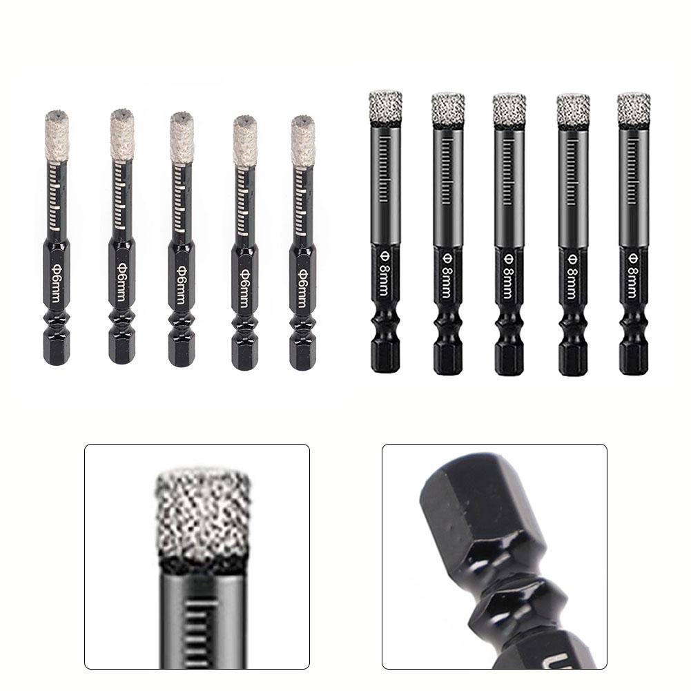 5pc 6mm/8mm Vaccum Brazed Emery Dry Drill Bit Hex Handle Hole Saw Cutter For Marble Granite Ceramic Glass Tile Stone Hole Open