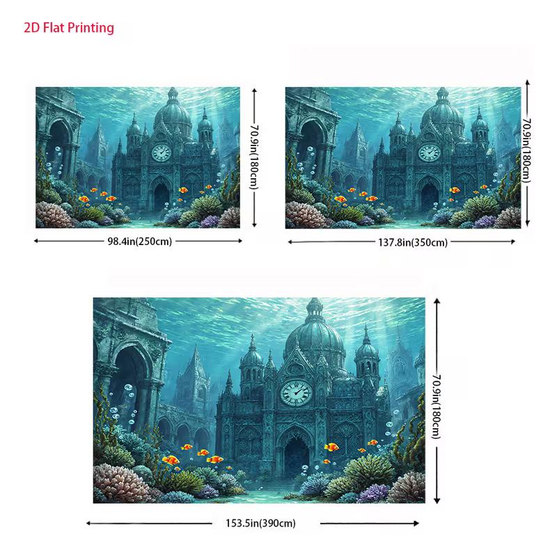 2D Underwater Ancient Building with Fish Backdrop Cloth for Kids Party