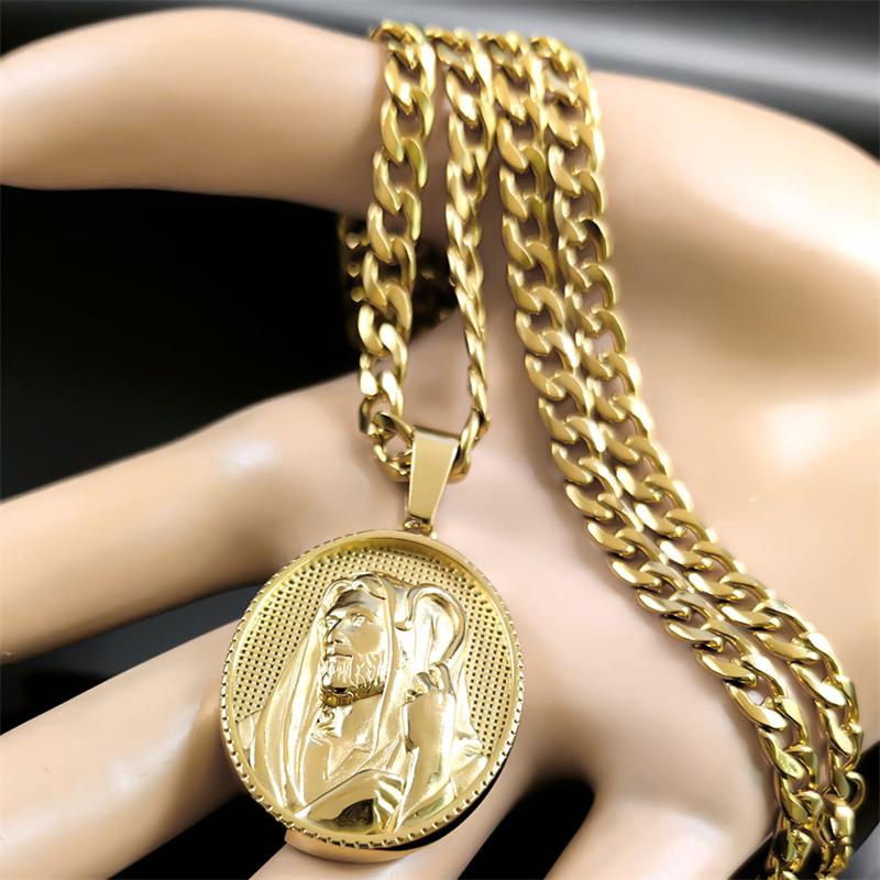Christliches Jesus Medaillon Halskette für Männer Edelstahl Goldfarbe Religiöse Halsketten Schmuck Geschenk für Freund NZZS05
