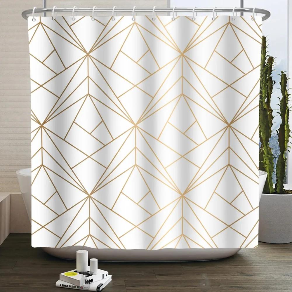 Geometric Shower Curtain Modern Abstract Brown Marble Luxury Gold Bronze Bathtub Screen Waterproof Bathroom Decor