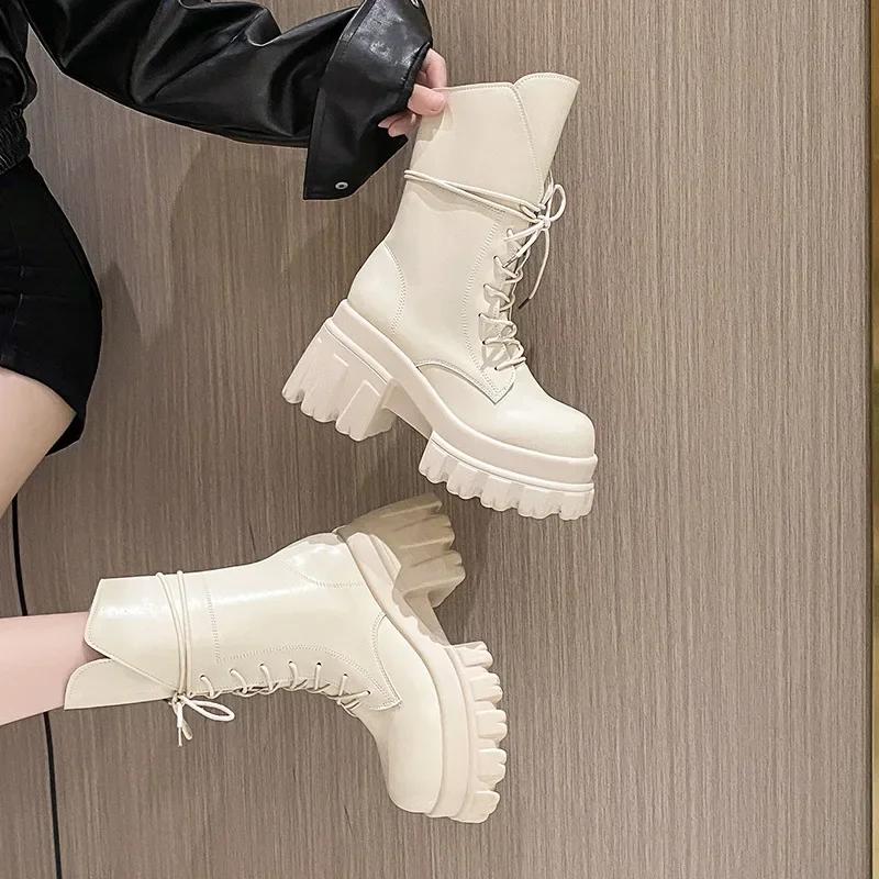 Women's Mid-Calf Boots New Fashion Lace-up Patent Leather Chunky Shoes Autumn High Heel Platform Black Motorcycle Boots