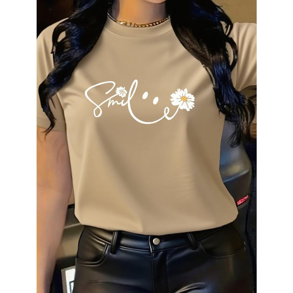 Short-sleeve T-shirt with smiling daisy print, casual daily wear, comfortable and relaxed style XXS