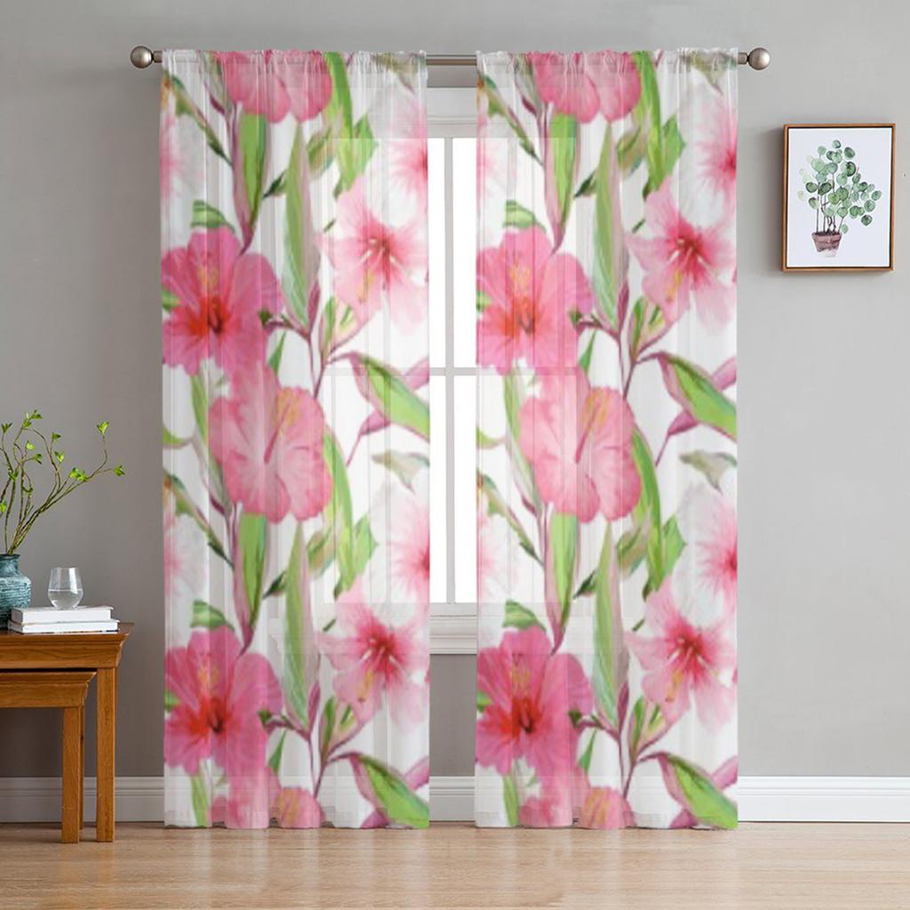 Tropical Flowers Leaves Sheer Curtains for Living Room Transparent Tulle Window Curtain Bedroom Kitchen Home Decor Veil Drapes
