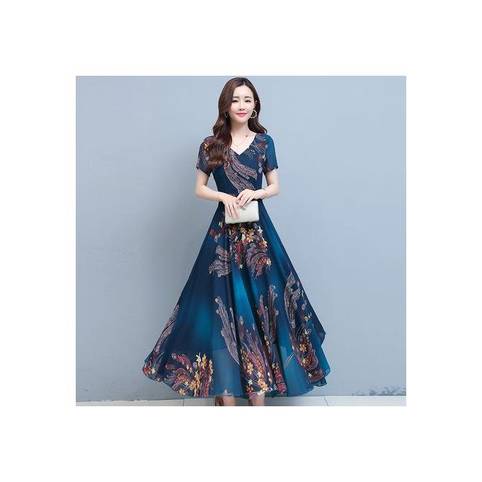 

Summer over-the-knee V-neck big pendulum long dress, new printed waist and thin middle-aged mother dress skirt M тёмно-синий