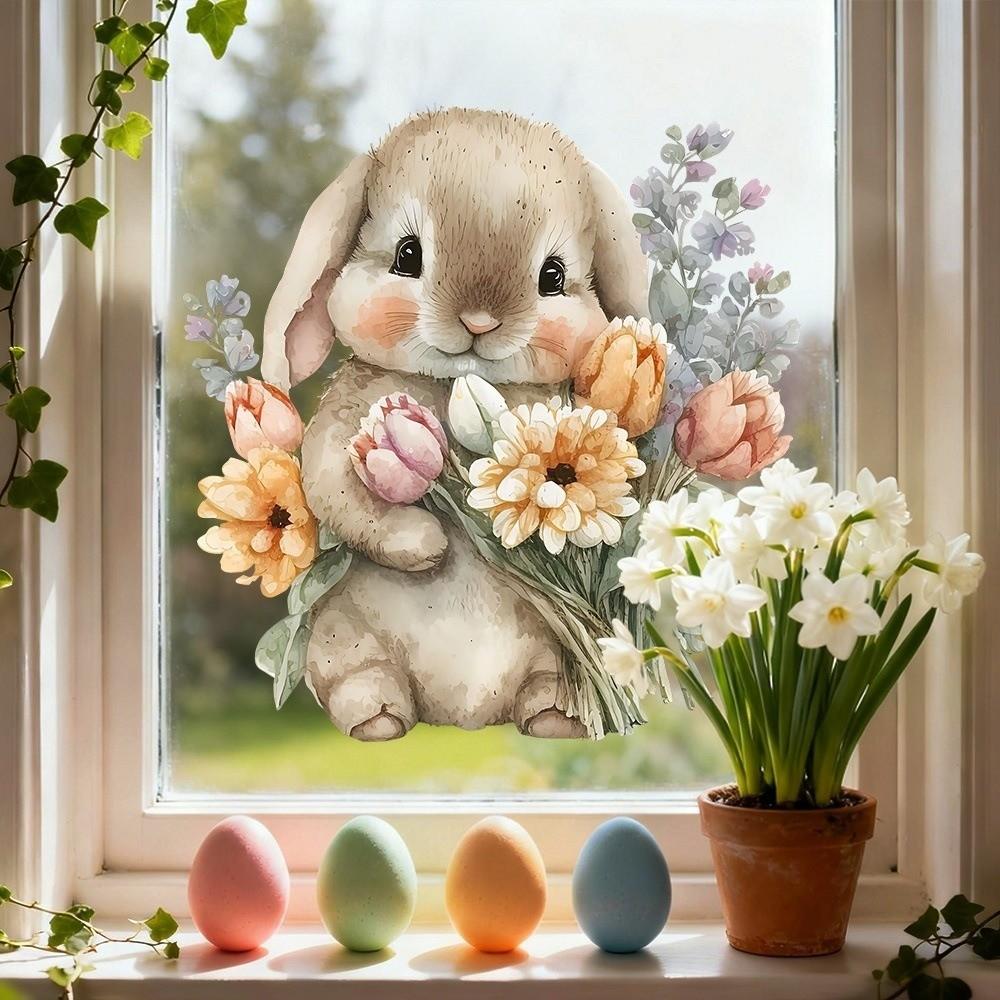 Easter Flower Rabbit Sticker PVC Festival Party Sticker New Wall Stickers  Window Decoration