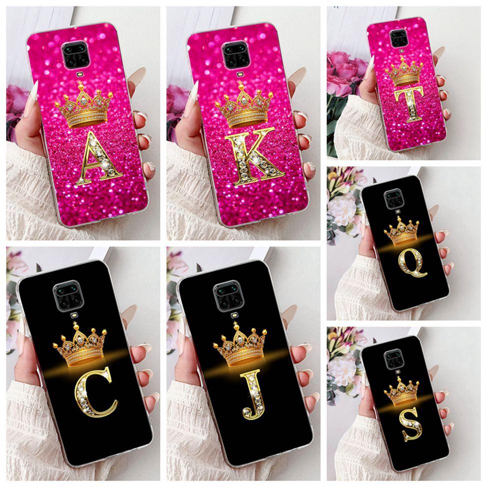 Clear Cover For Xiaomi Redmi Note 9s Case Fashion Luxury A-Z Letters Crown Soft TPU Phone Case M2003J6A1G