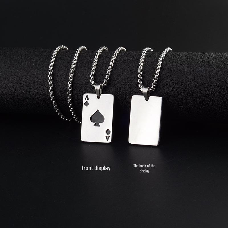 Trendy Unisex Titanium Steel Necklace with Ace of Hearts and Spades Heart Pendant – Long Sweater Chain.