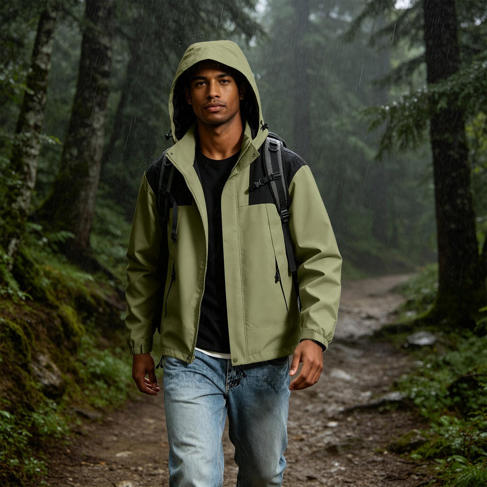 Men s Colorblock - Hooded Jacket, Windproof Long Sleeve Zip-Up Outdoor Coat M