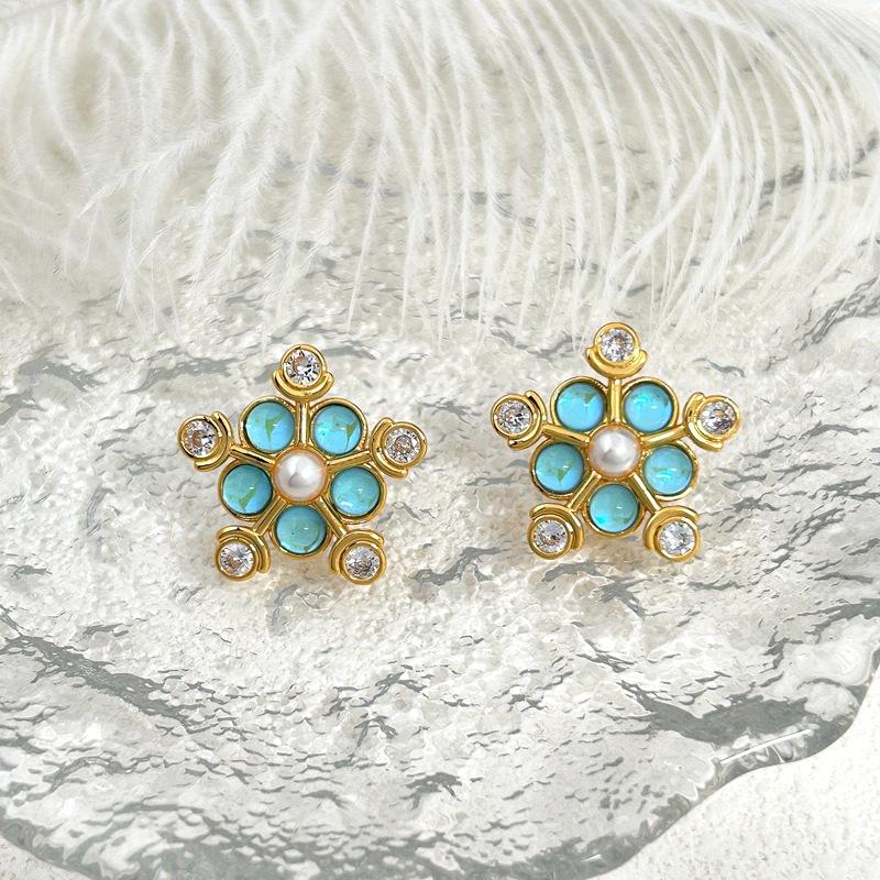 Sweet Snowflake Shape Micro-Inlaid Zircon Stud Earrings For Women синий