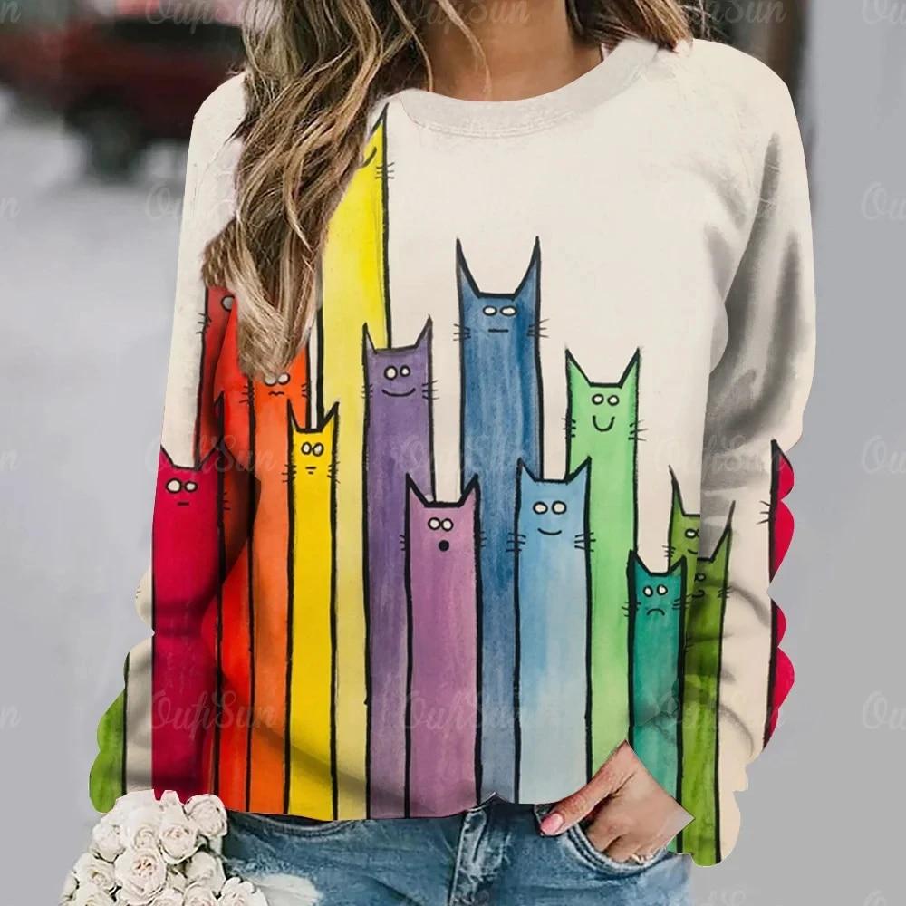 Dámské tričko Anime Kočičí potisk Topy s dlouhým rukávem Vintage svetr Bavlna s výstřihem do tvaru Y2k Dámské oblečení Oversized Street Pullover