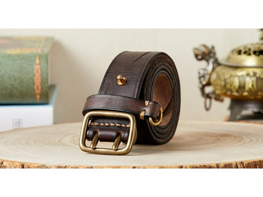 Korean Style Double Pin Buckle Leather Belt for Men - Genuine Cowhide Retro Youth Jeans Waist Belt
