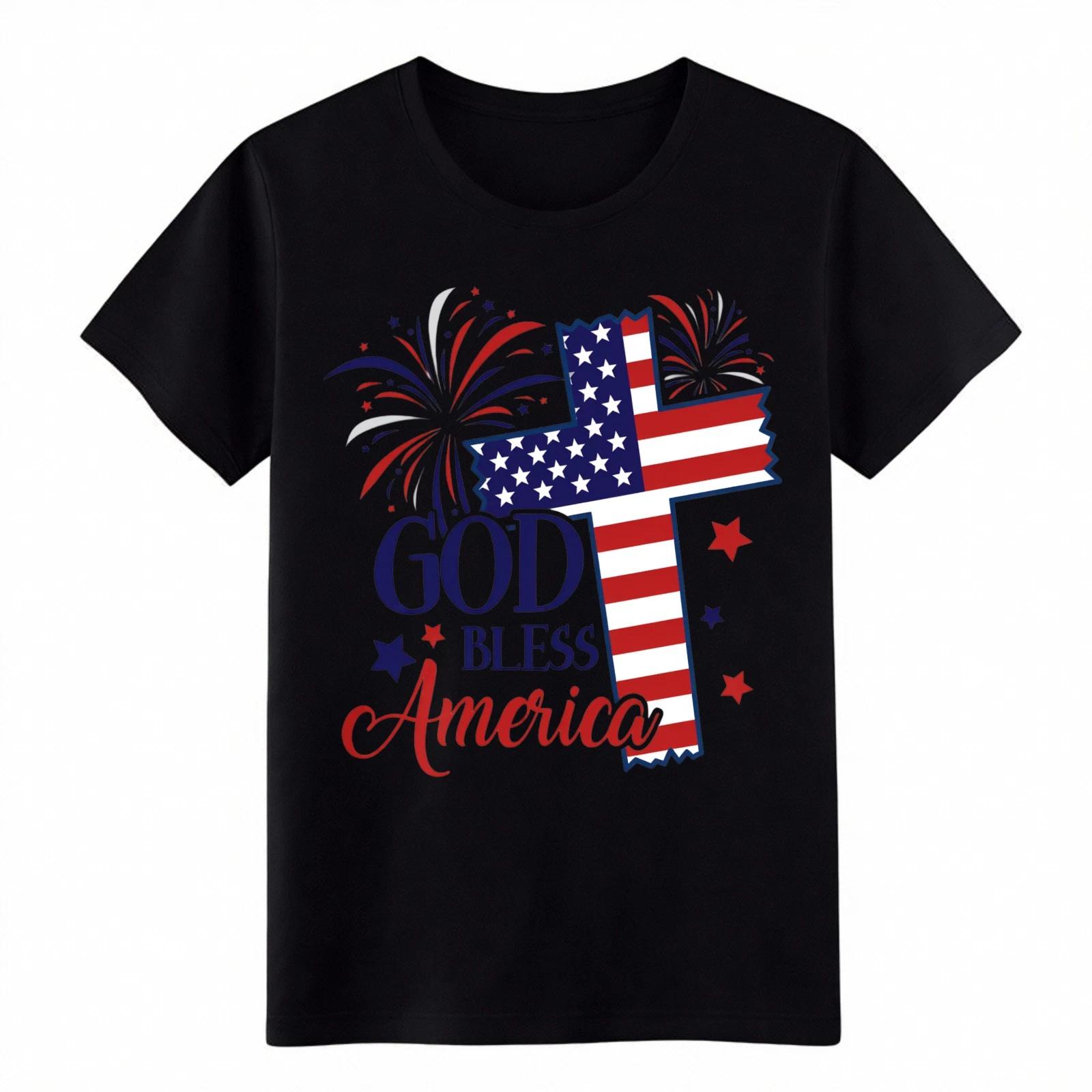 God Bless America Flag Cross T-Shirt, 4th of July Patriotic Christian Tee M