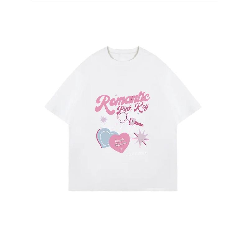 Romantic Pink Key Oversized T Shirt White Heart And Key Graphic Print For Casual Wear