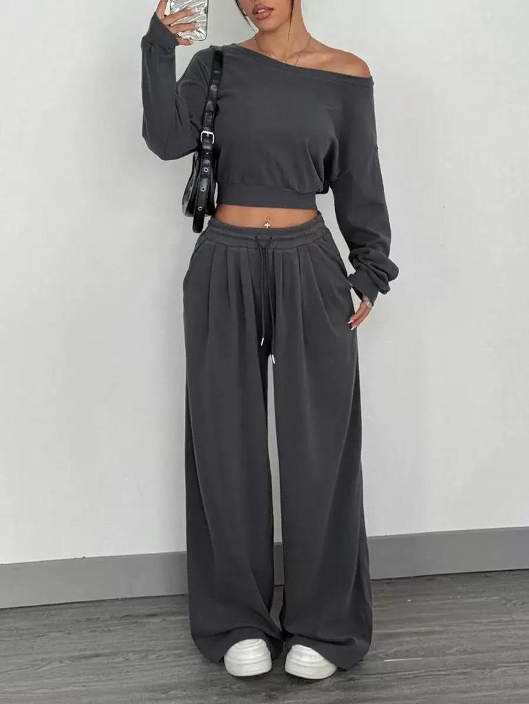 Women's Slim Fit One-Shoulder Crop Top and Casual Pants Set