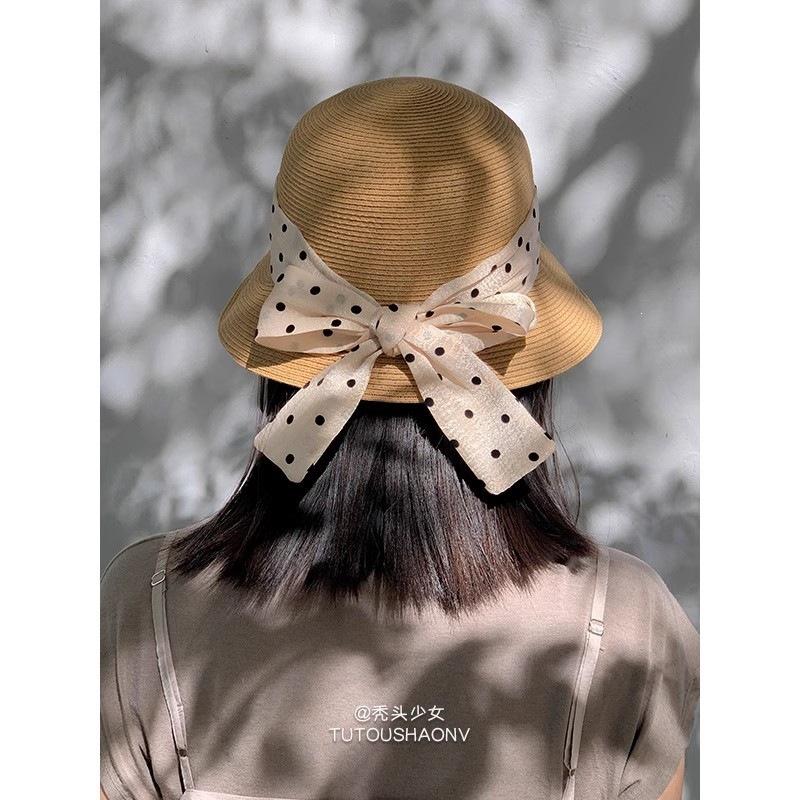 French Elegant Curled Straw Hat Women's Summer Outdoor Travel Polka Dot Bow Ribbon Versatile Wide Brim Sunscreen Hat