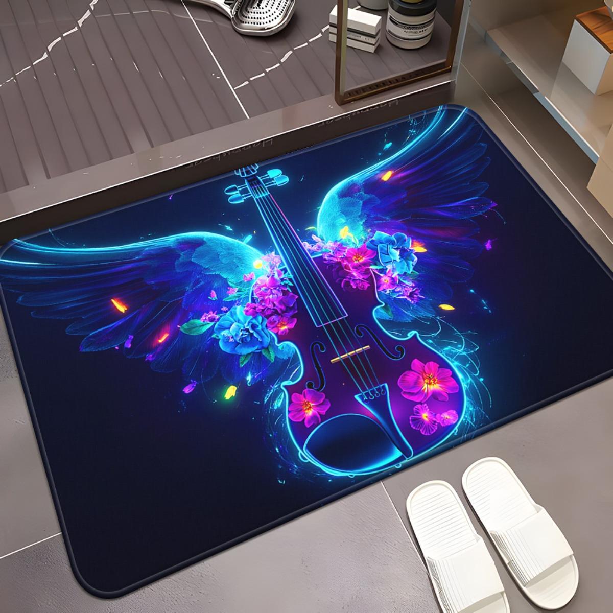 

1pc Violin with Wing-Like Extensions & Floral Design HD Printed Non-Slip Absorbent Machine Washable Polyester Mat for Bathroom, 40x60cm