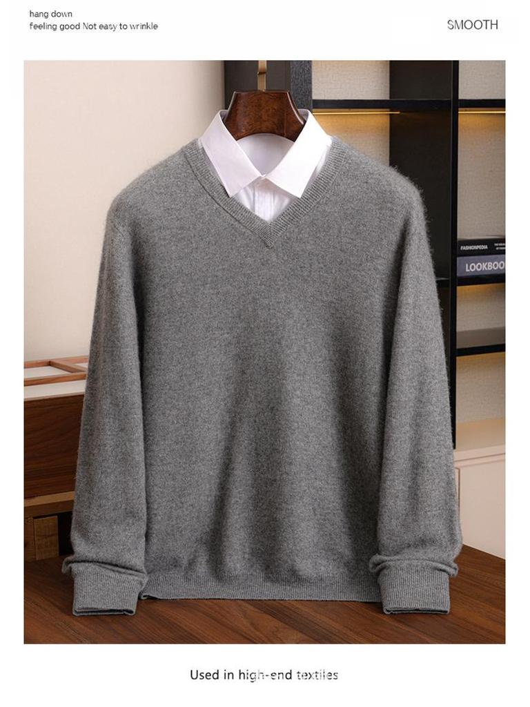 Men's V-Neck Loose Cashmere Knit Sweater - Autumn/Winter Base Layer