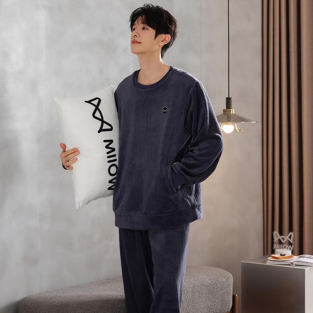 Pajamas Men'S Autumn And Winter Coral Fleece Thickened Fleece Winter Flannel Warm Homewear Set
