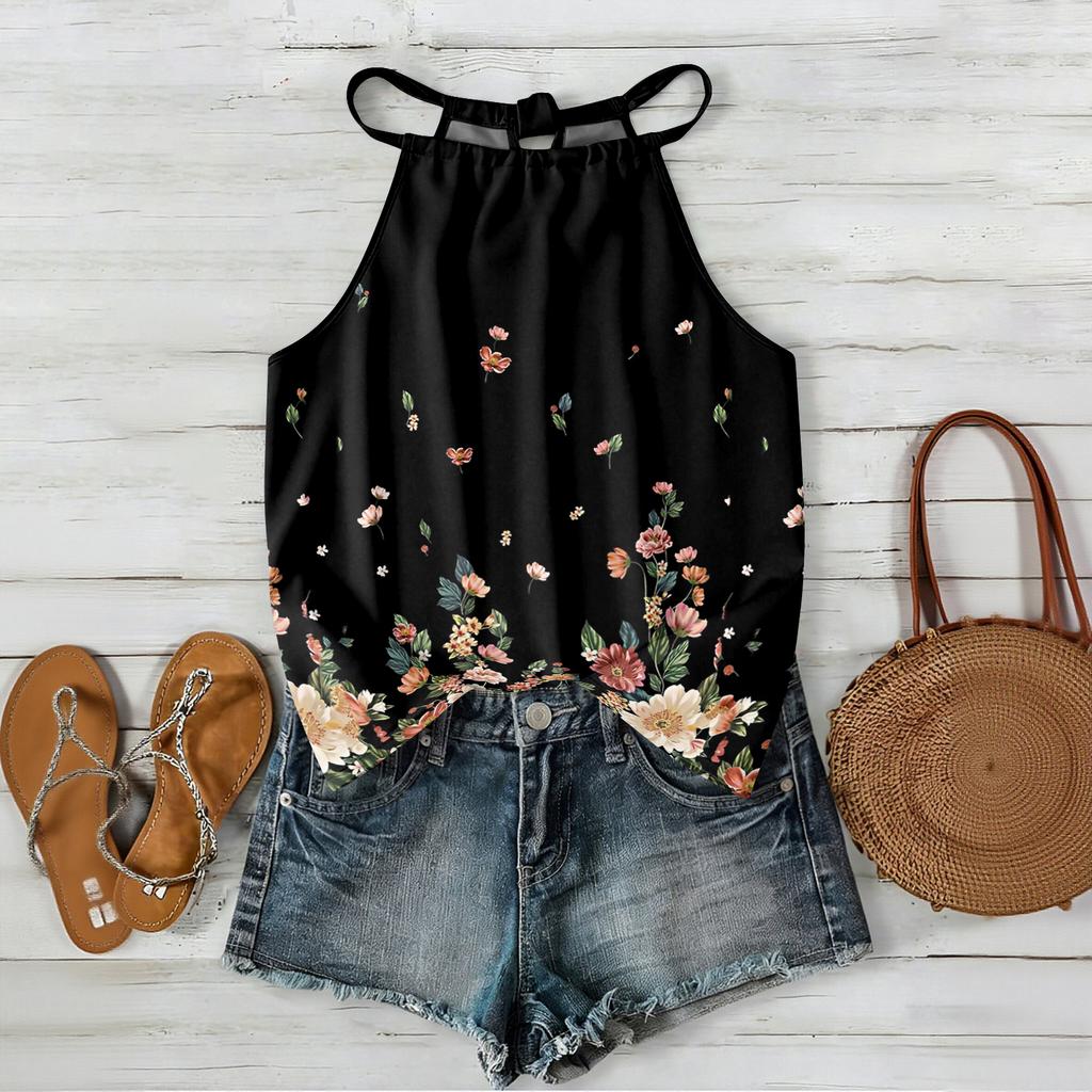 Women’s Sleeveless Bohemian Floral Print Neck Tank Top with Relaxed Fit and Lightweight Fabric for Daily Wear and Layering
