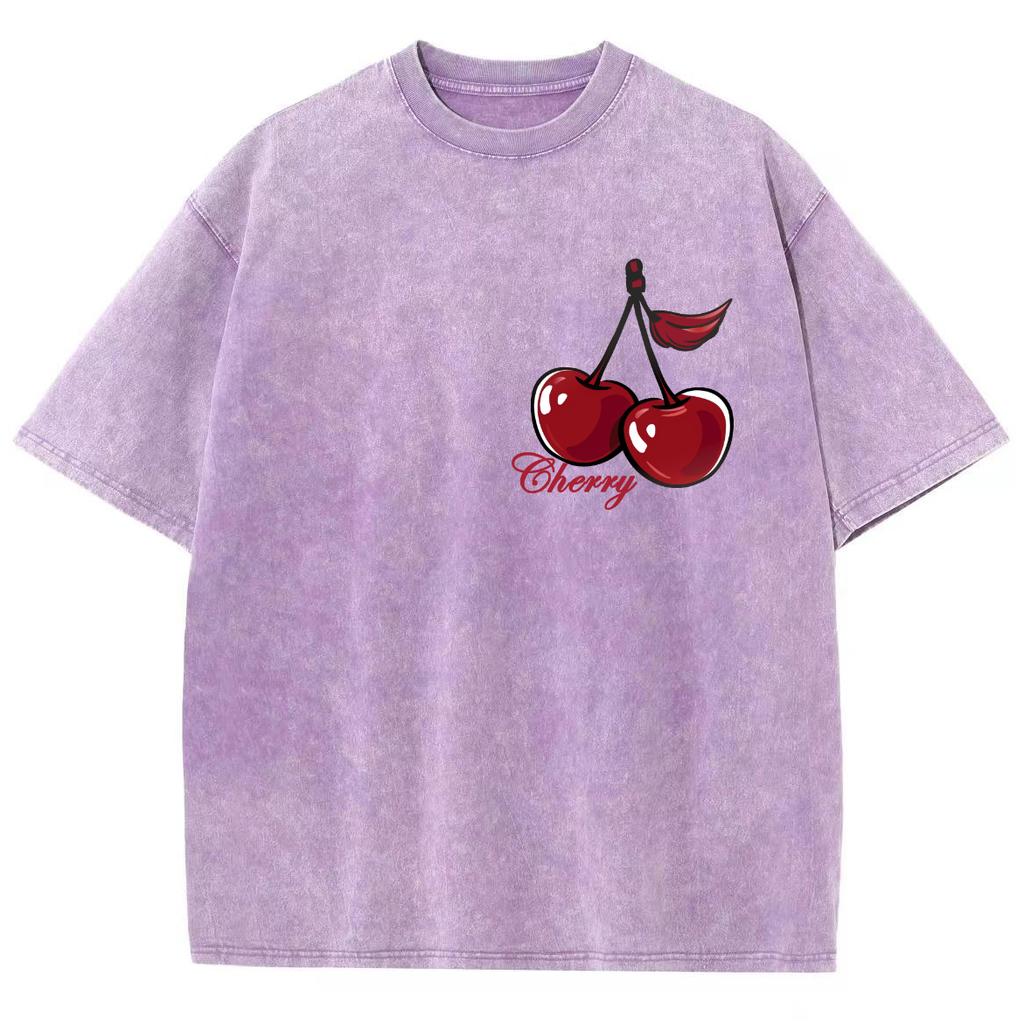Cherry Print Wash Women's T-Shirt Oversized Loose Retro Short Sleeve Unisex Sweet Casual Fashion Top Base Tee