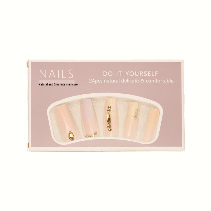 Long Champagne Gold Glitter Wearable Nails - Hot Girl Art Nude European & American False Nail Patches (Removable)