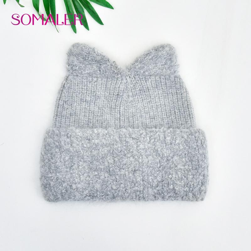 SOMALER Căciulă groasă, călduroasă, pufoasă, din lână angora pentru femei, cu design tricotat cu urechi de pisică, căciulă de iarnă la modă și confortabilă