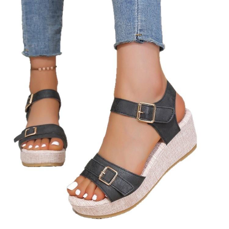 Women Plus Size Platform Sandals Summer New Buckle Strap Fish Mouth Wedge Heel Casual Sandals