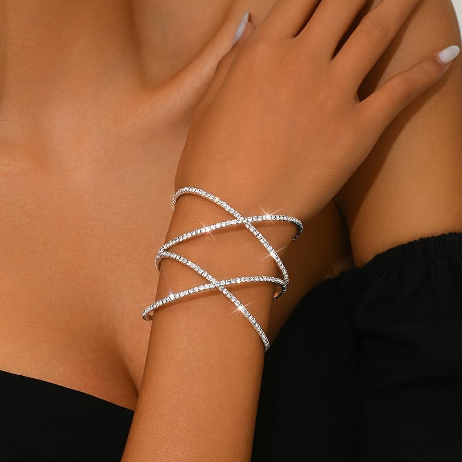 A Minimalist European And American Style Open Cuff Bracelet Adorned with Full Rhinestones, Featuring a Silver-Plated Design