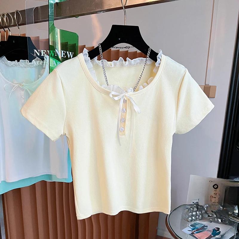 

Летние футболки с коротким рукавом женские корейские из чистого хлопка однотонная футболка с круглым вырезом и кружевной вставкой укороченный топ футболка женская повседневная приталенная футболка M