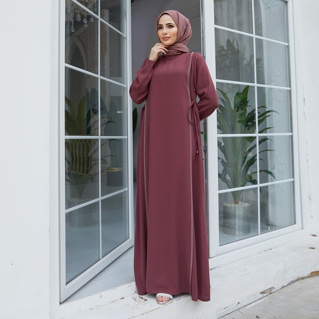 Side Tie Long Sleeve Plus Size Muslim Women Dress Abaya