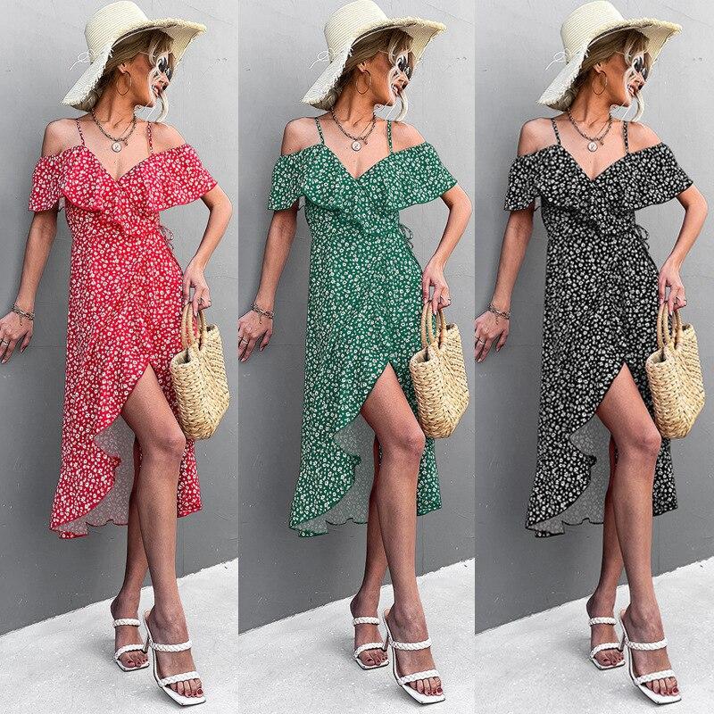Sommer Sexy Off-Soulder Floral Slip Dress For Kvinner Casual Petal Sleeve Slash Neck Strandkjole Mote trykt skjørt Robe 24726