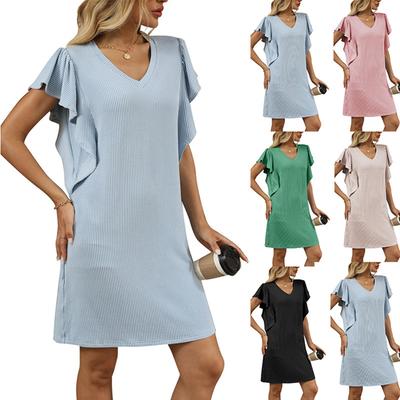 Rochii casual de culoare uni cu maneci cu volane cu dungi rasucite la moda pentru femei