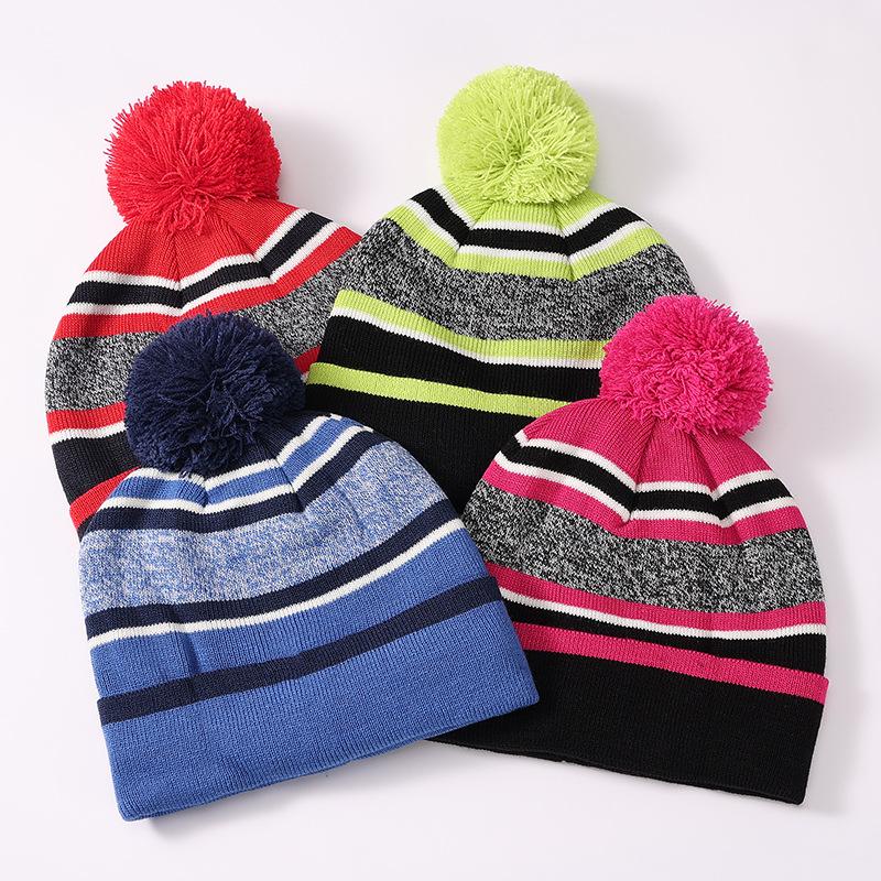 Children's Autumn and Winter Wool Hats Boys and Girls Striped Wool Balls Warm Knitted Hats European and American Christmas Gifts