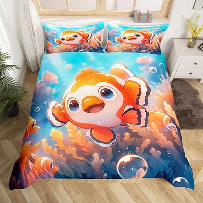 Cartoon Clownfish Kids Duvet Cover Set King Size,Coral Seaweed Marine Life Bedding Set Cute Ocean Fishes Animals Comforter Cover